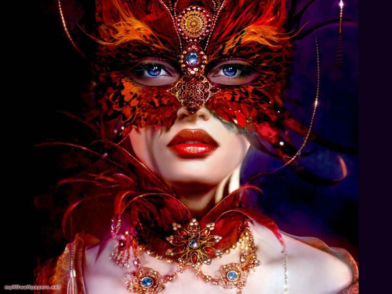 Woman in Red Mask — Dramatic, Digital Art, Feathers