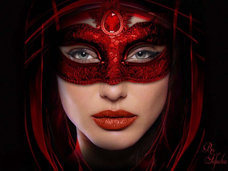 Woman in Red Mask — Dramatic, Digital Art, Lips