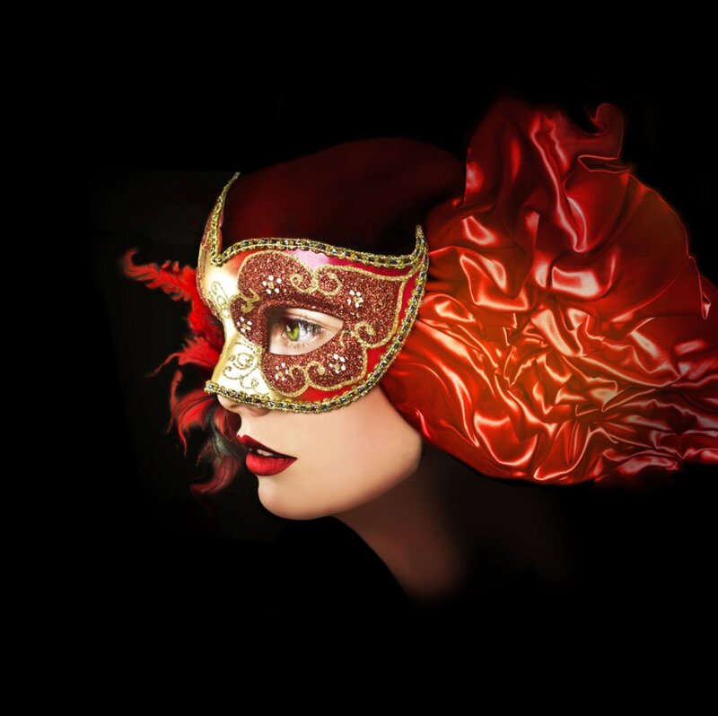 Woman in Red Mask — Dramatic, Photograph, Feather