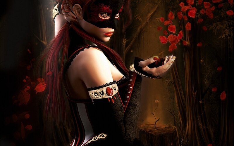woman in red mask forest