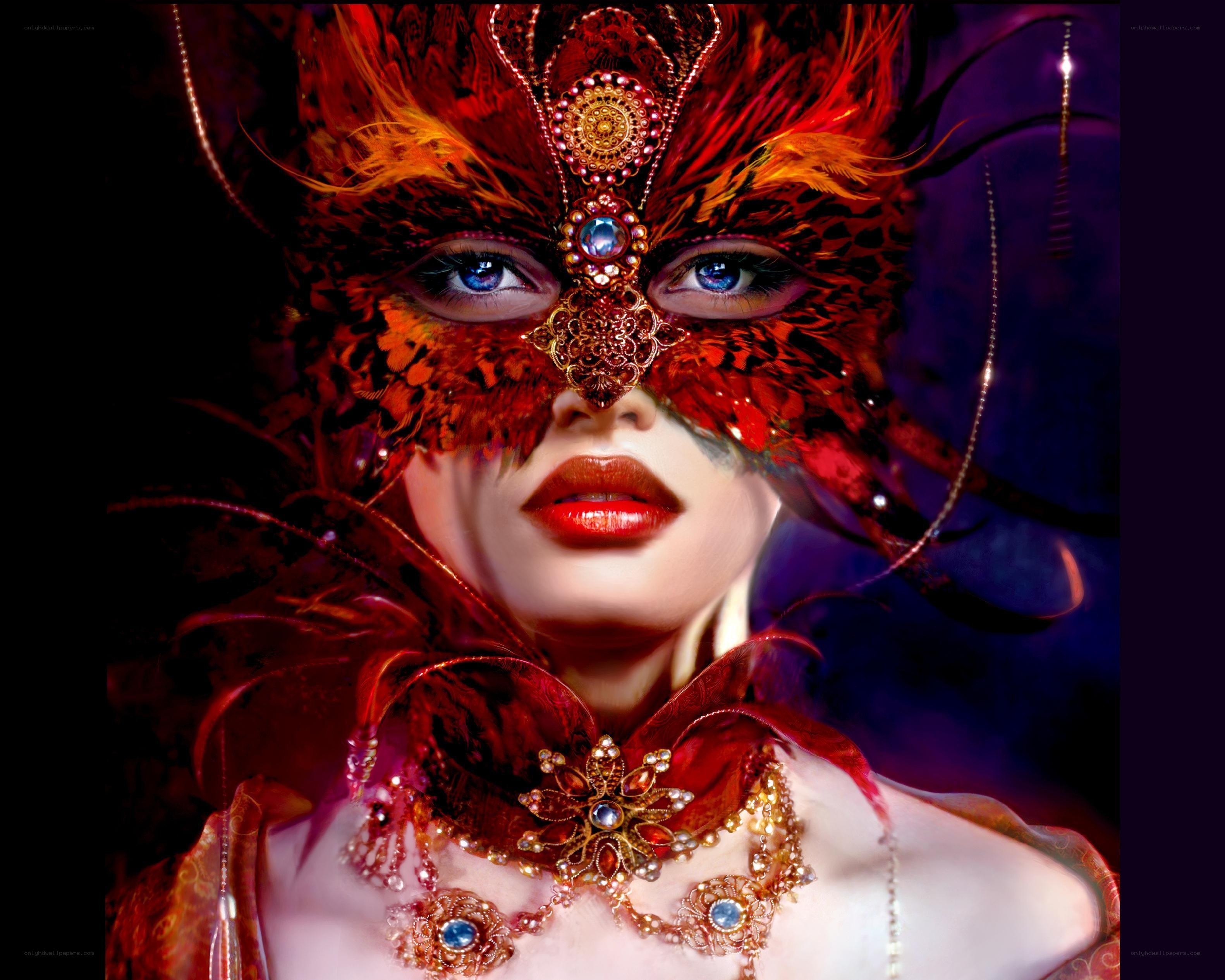 woman in red masquerade mask