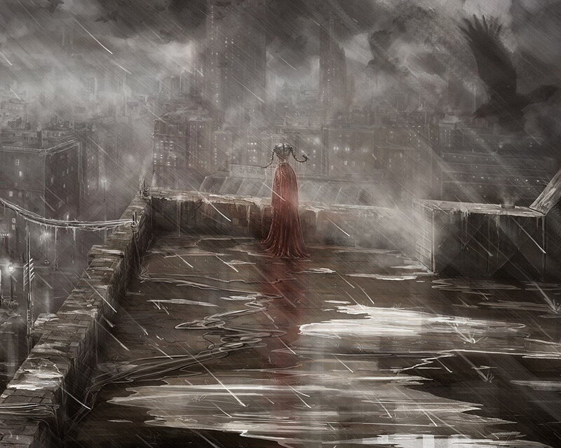 Woman in red on a rainy rooftop