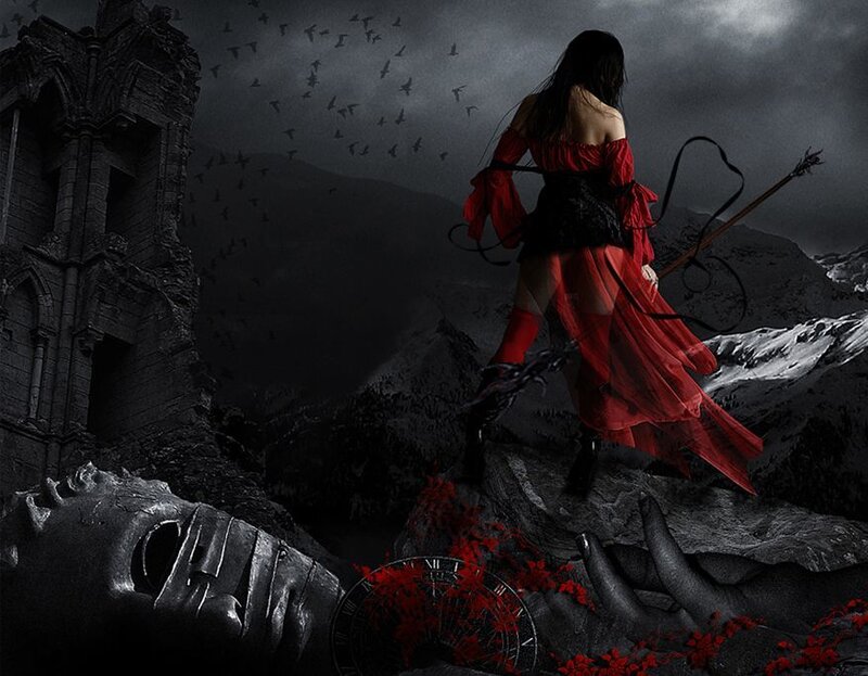 Woman in red on a ruined mountain