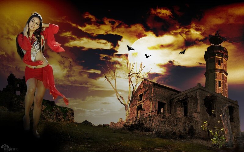 Woman in red on a spooky hill