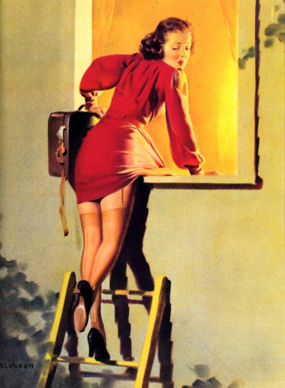 Woman in red on ladder