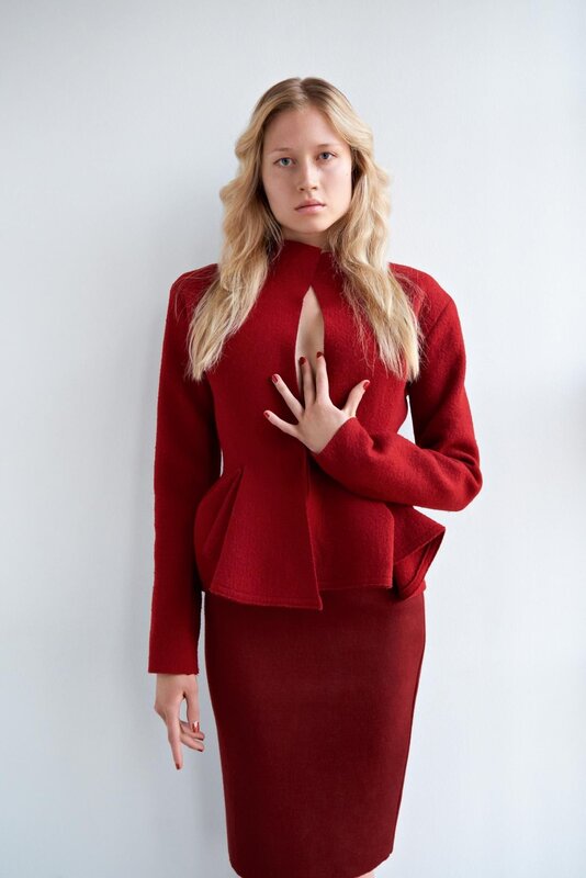 woman in red outfit