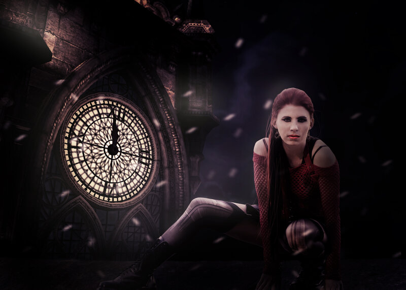 Woman in Red Outfit — Black, Dramatic, Night