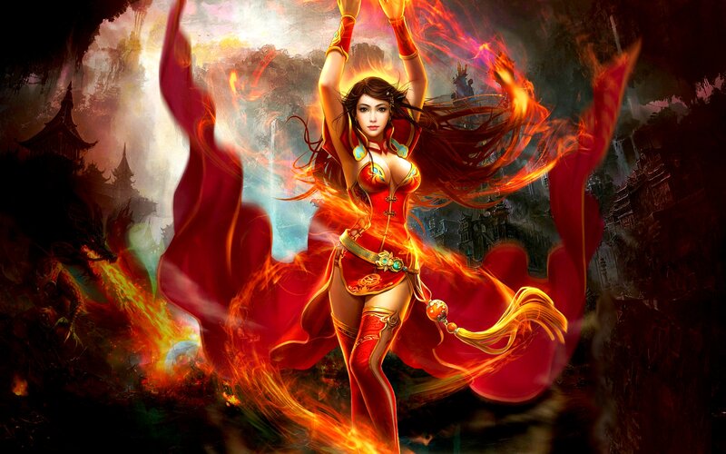 Woman in Red Outfit — Dramatic, Digital Art, Fire, Dragon, Ancient Buildings