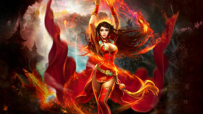 Woman in Red Outfit — Dramatic, Digital Art, Fire, Dragon