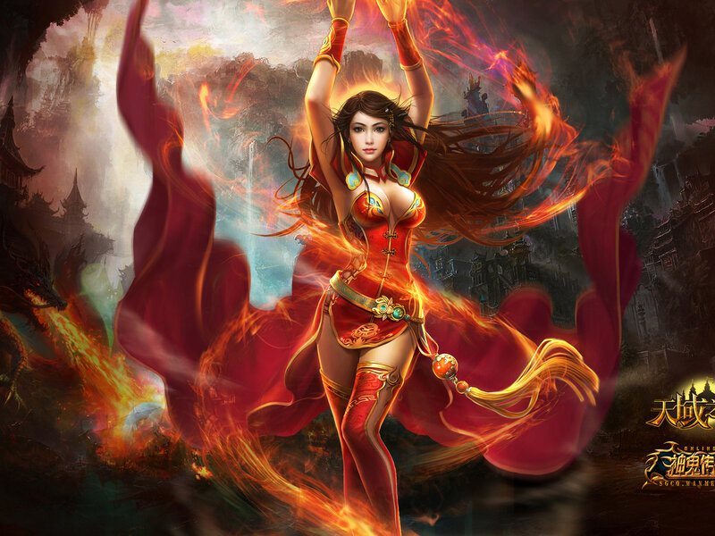 Woman in Red Outfit — Dramatic, Digital Art, Fire