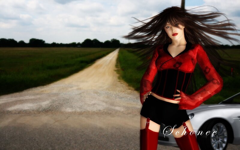 woman in red outfit on country road
