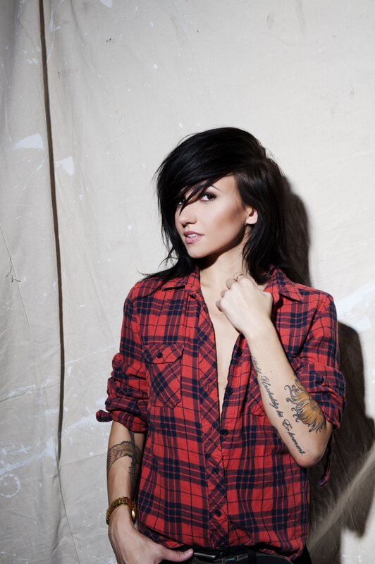 woman in red plaid shirt