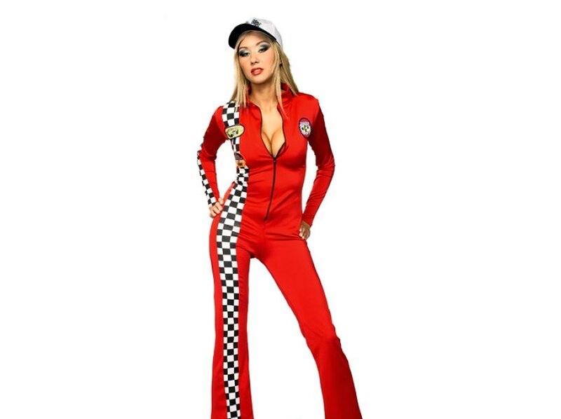 woman in red racing suit