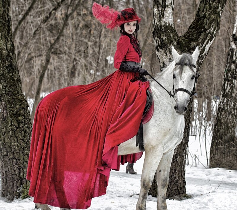 Woman in Red Riding a Horse — Dramatic