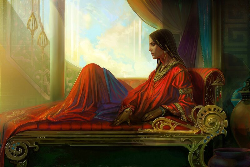 woman in red robe by window
