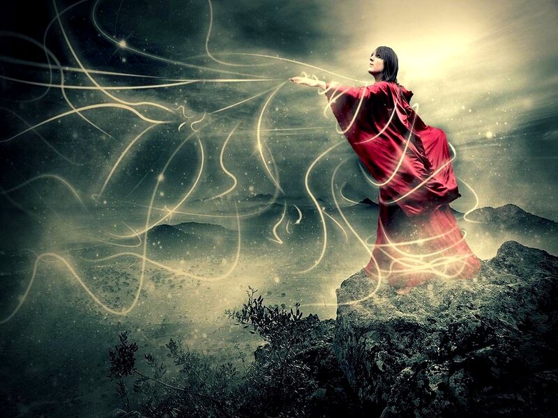 woman in red robe casting spell