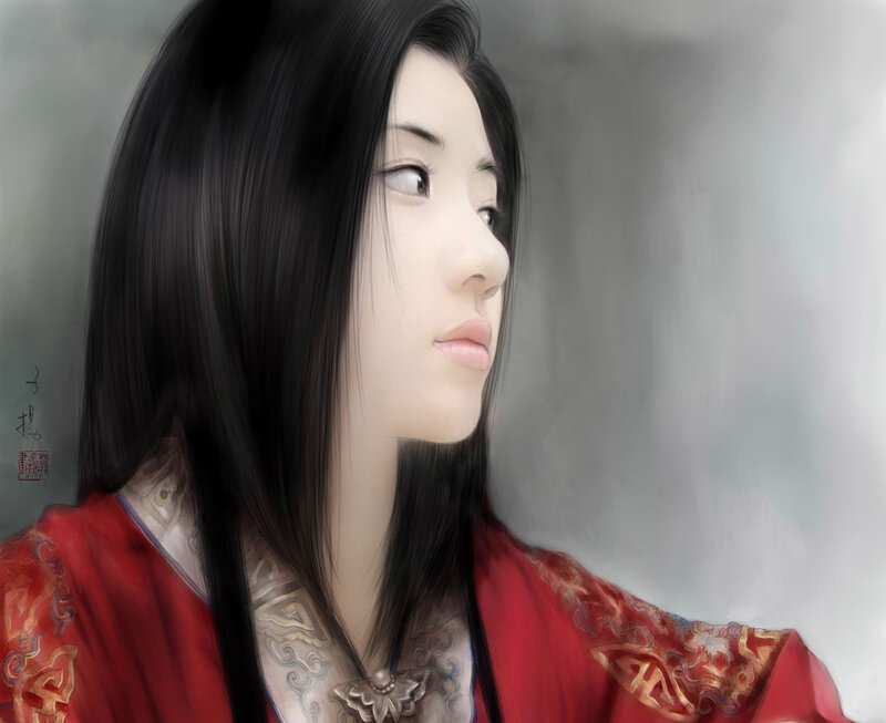 Woman in Red Robe — Contemplative, Digital Art, Black Hair