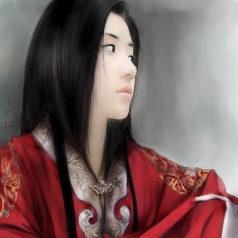 Woman in Red Robe — Contemplative, Digital Art