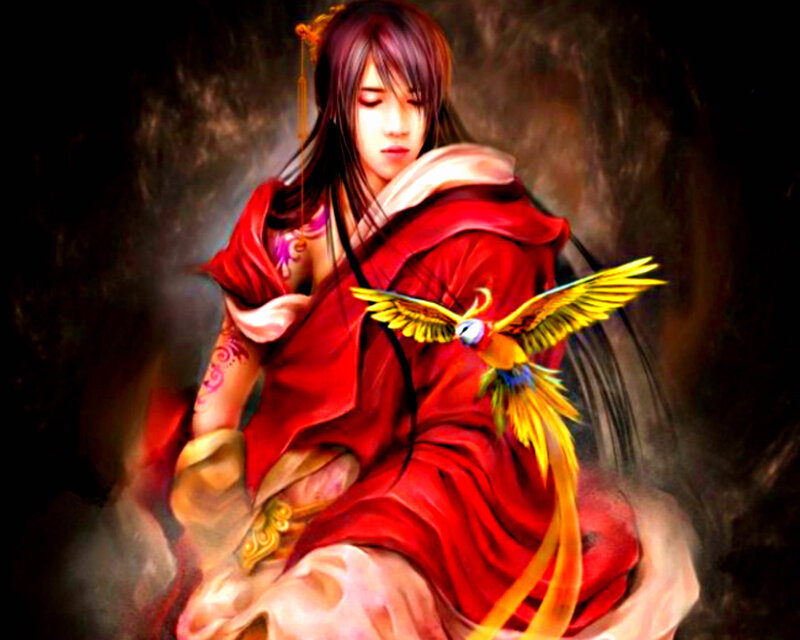 Woman in Red Robe — Dramatic, Digital Art, Bird