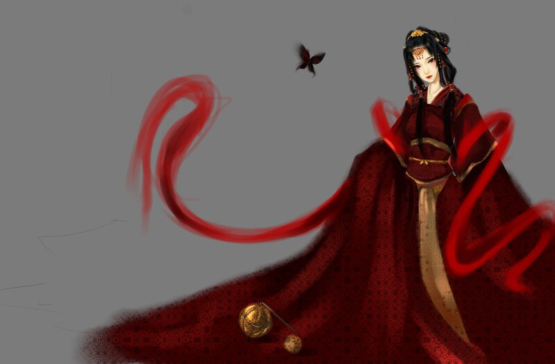 Woman in Red Robe — Dramatic, Digital Art, Butterfly