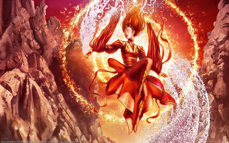 Woman in Red Robe — Dramatic, Digital Art, Fire, Water