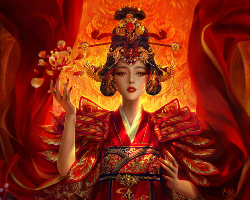 Woman in Red Robe — Dramatic, Digital Art, Flower Petals