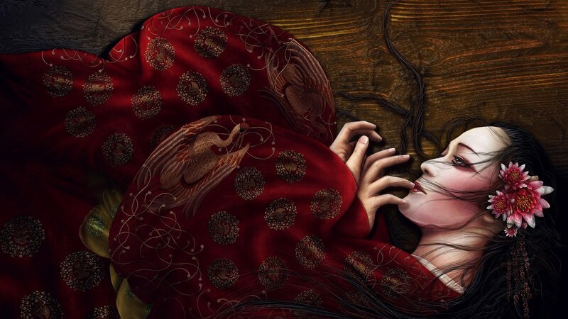 Woman in Red Robe — Dramatic, Digital Art, Flower