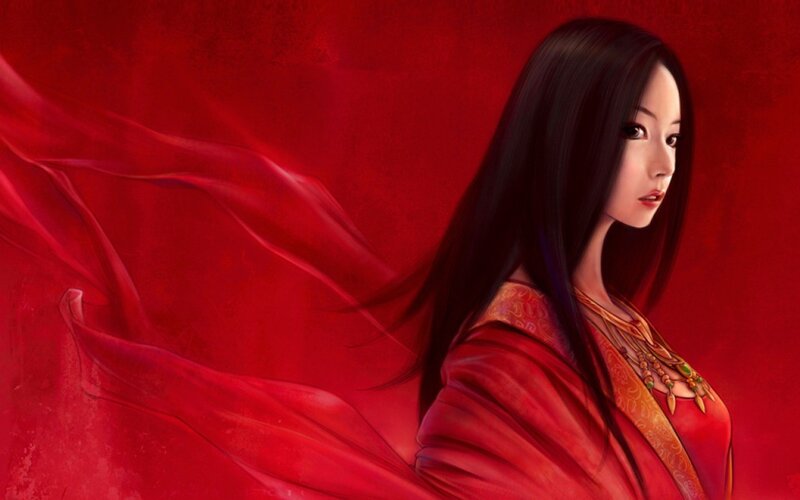 Woman in Red Robe — Dramatic, Digital Art, Long Hair, Necklace