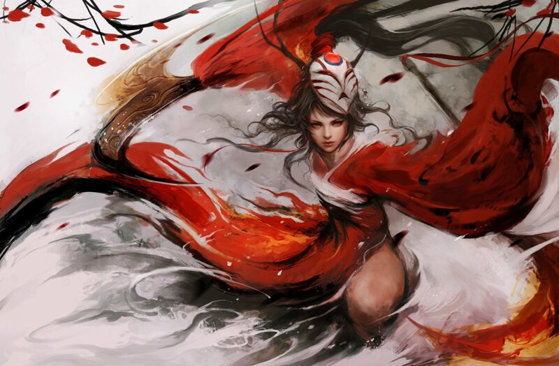 Woman in Red Robe — Dramatic, Digital Art, Mask