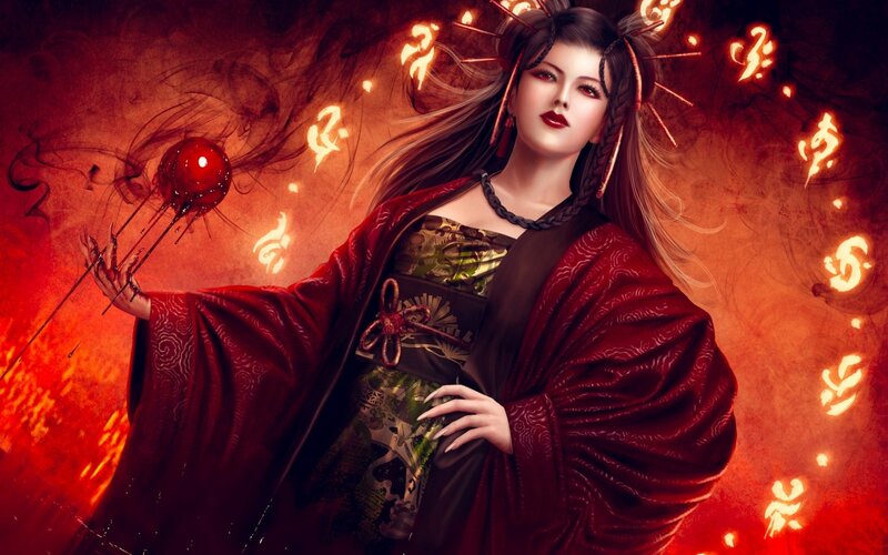 Woman in Red Robe — Dramatic, Digital Art, Red Orb, Magic Symbols