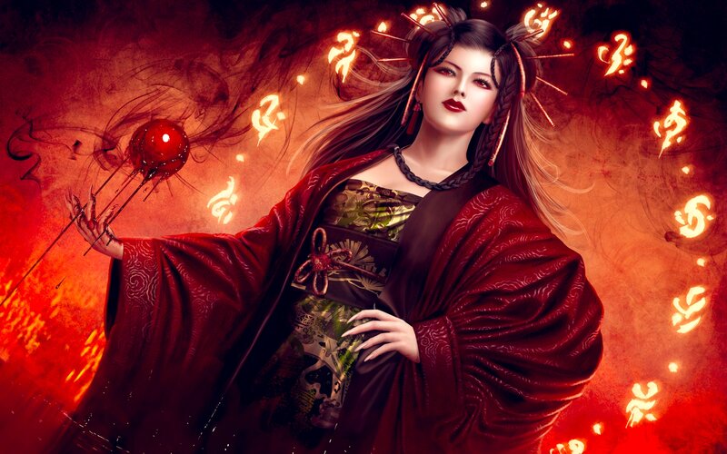 Woman in Red Robe — Dramatic, Digital Art, Red Orb