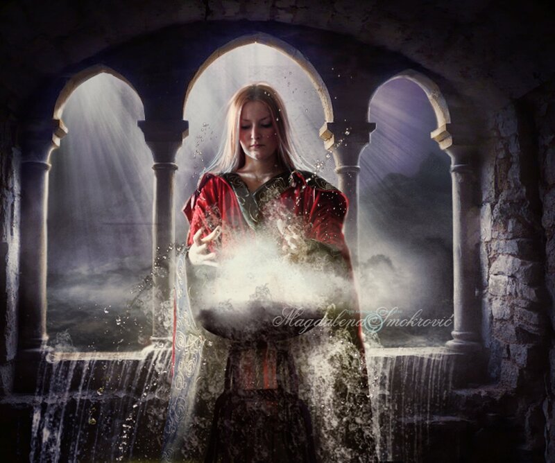 Woman in Red Robe — Dramatic, Digital Art, Stone Arches