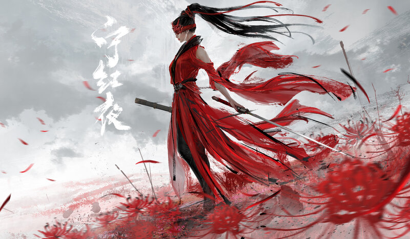 Woman in Red Robe — Dramatic, Digital Art, Sword