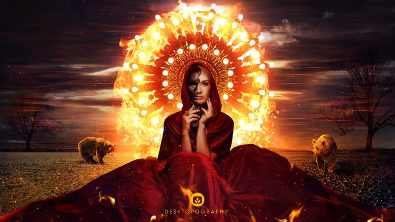 Woman in Red Robe — Dramatic, Night, Digital Art, Bear