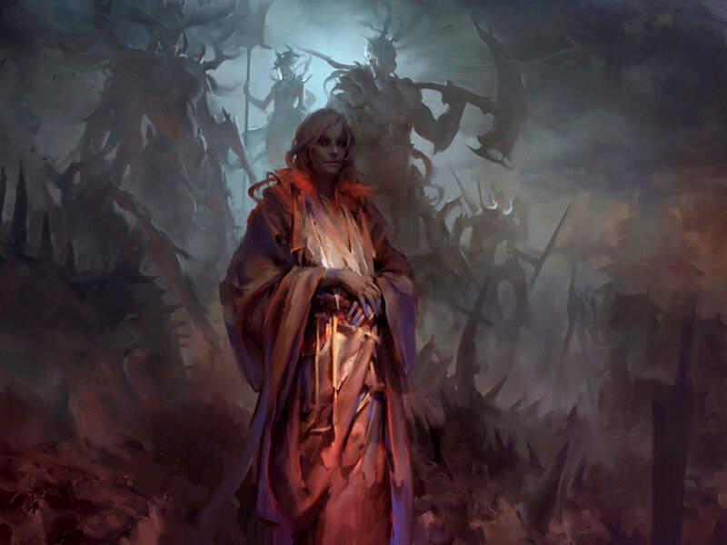 Woman in Red Robe — Dramatic, Night, Digital Art, Demons