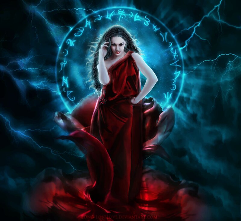 Woman in Red Robe — Dramatic, Night, Digital Art, Lightning