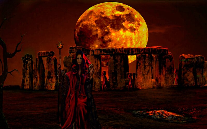 Woman in Red Robe — Dramatic, Night, Digital Art, Moon