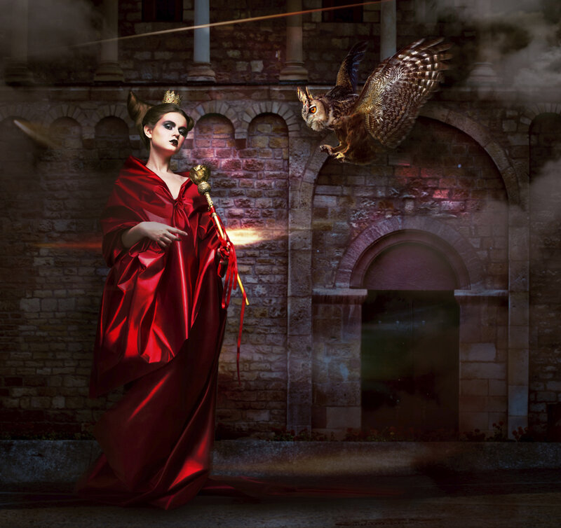 Woman in Red Robe — Dramatic, Night, Digital Art, Owl