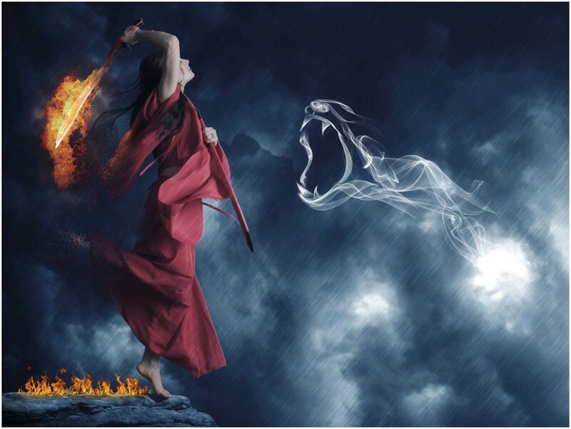 Woman in Red Robe — Dramatic, Night, Digital Art, Sword