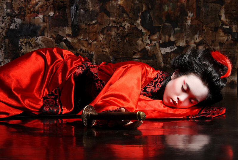 Woman in Red Robe — Dramatic, Photograph, Sword