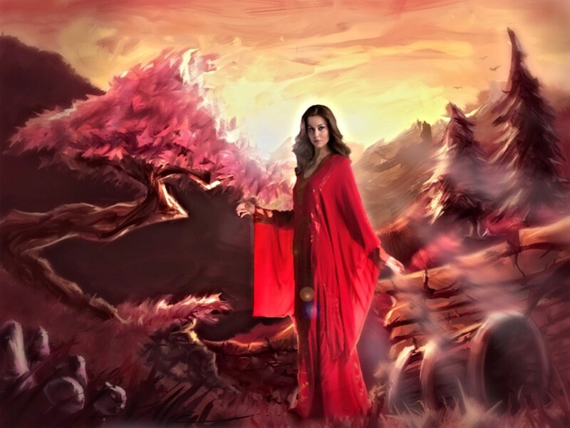 Woman in Red Robe — Dramatic, Sunset
