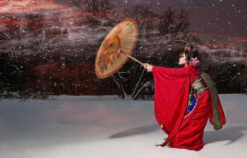 Woman in Red Robe — Dramatic, Winter