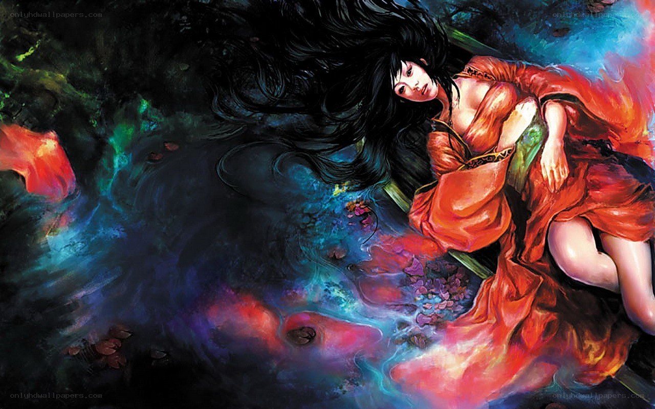 woman in red robe floating