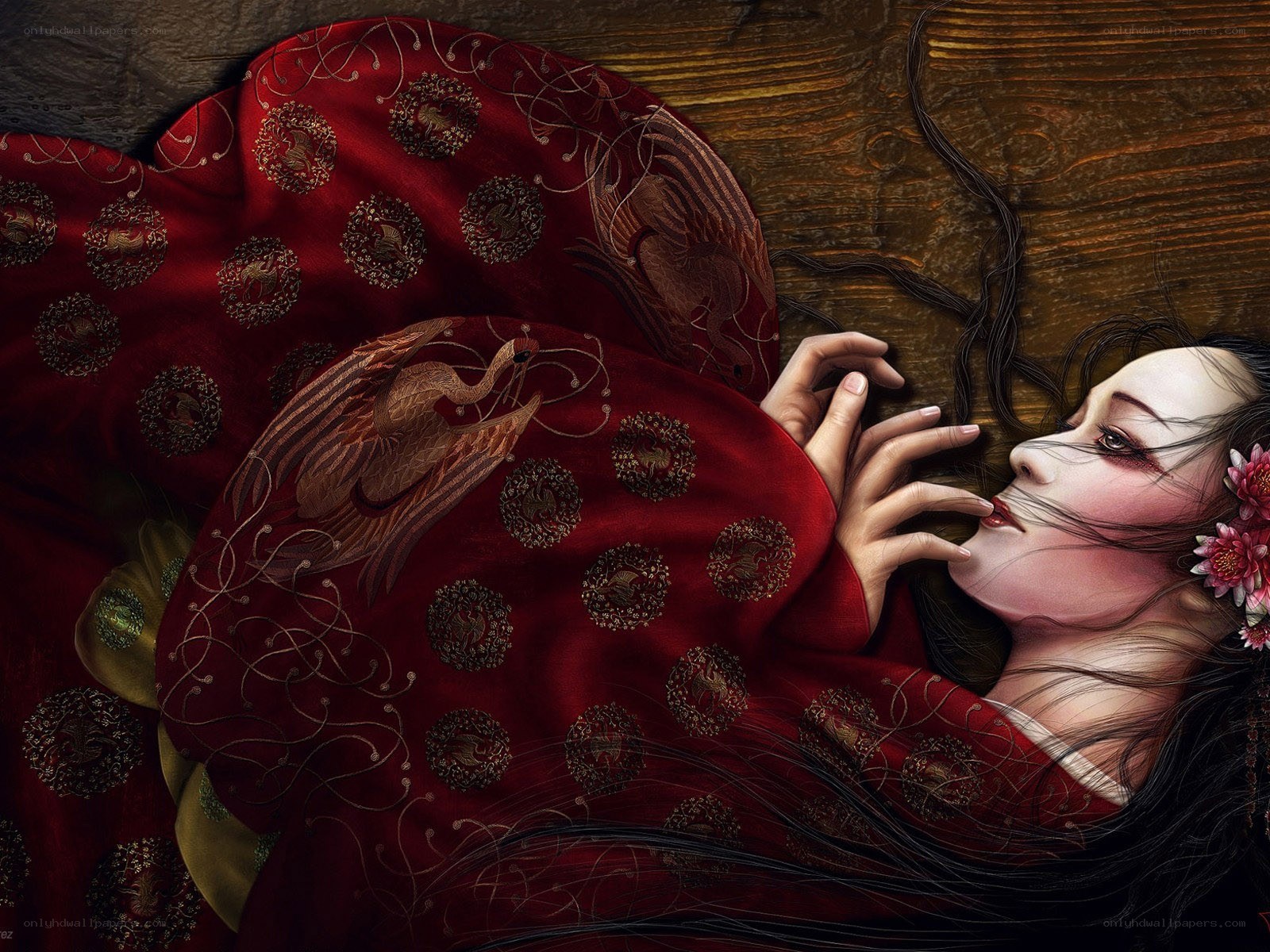 Woman in red robe lying down
