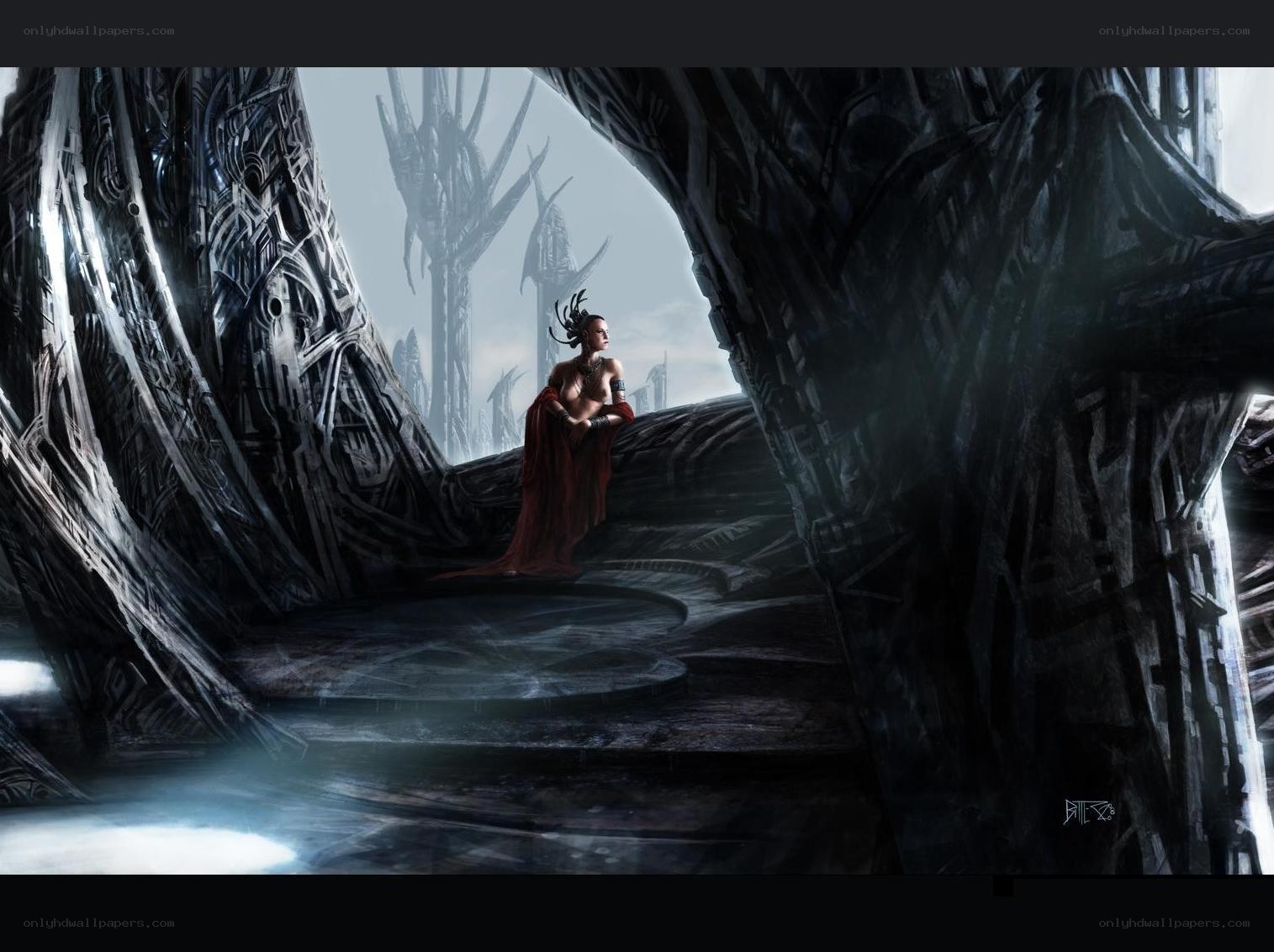 woman in red robe on alien platform