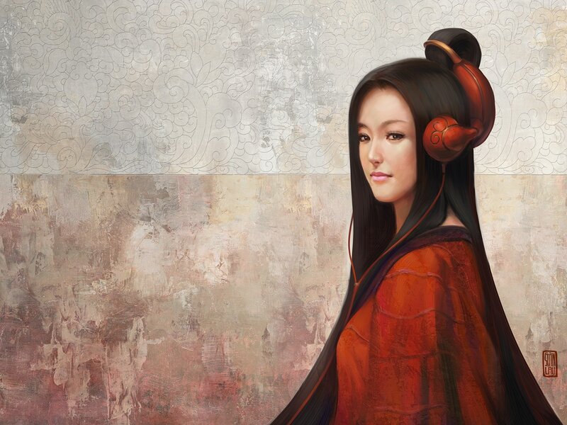 Woman in Red Robe — Serene, Digital Art, Hair Ornament, Patterned Wall