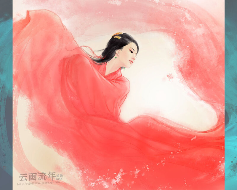Woman in Red Robe — Serene, Digital Art, Hairpin