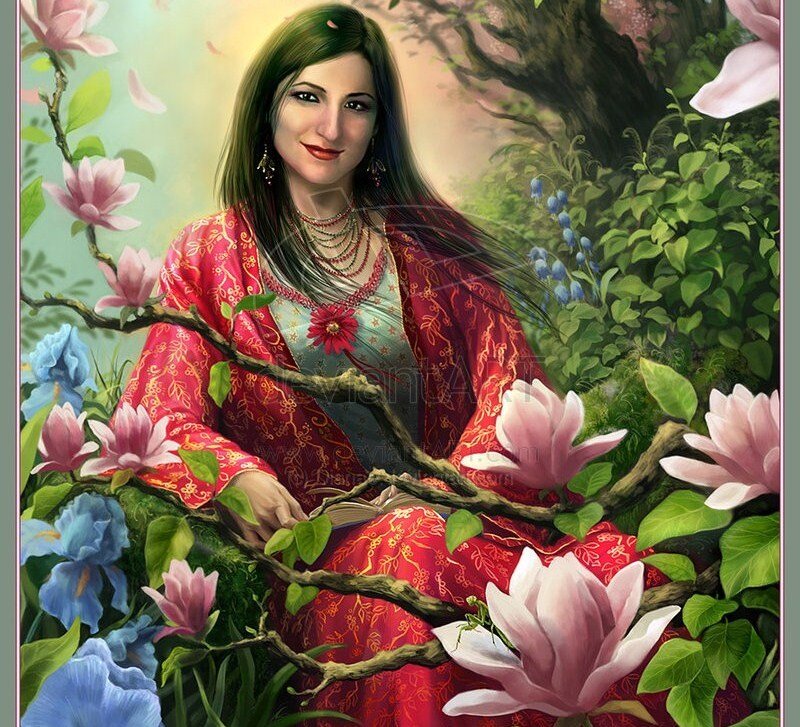 Woman in Red Robe — Serene, Spring, Digital Art