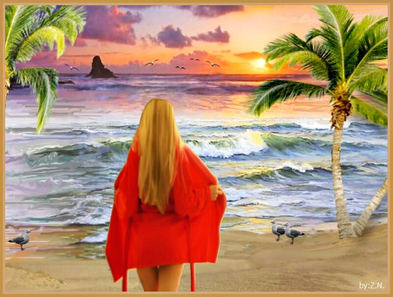 Woman in Red Robe — Serene, Sunset, Digital Art, Palm Trees