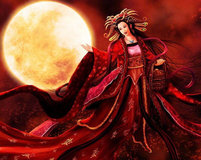woman in red robe under full moon